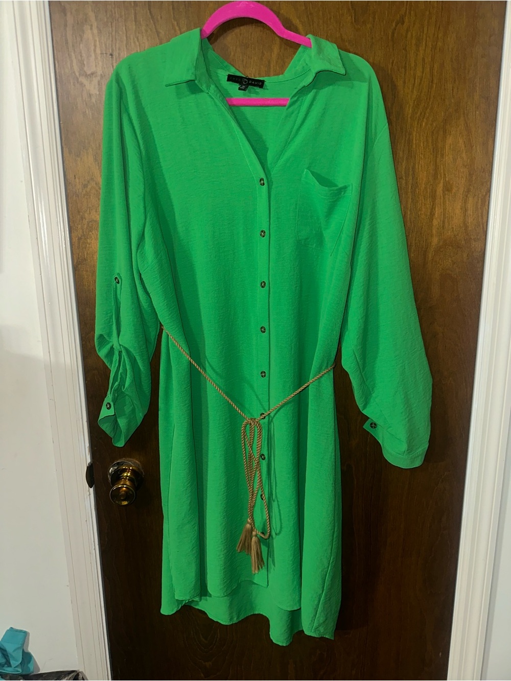 Fred David Women’s 3X Green Shirt Dress Button Front Belted Roll Tab Sleeve